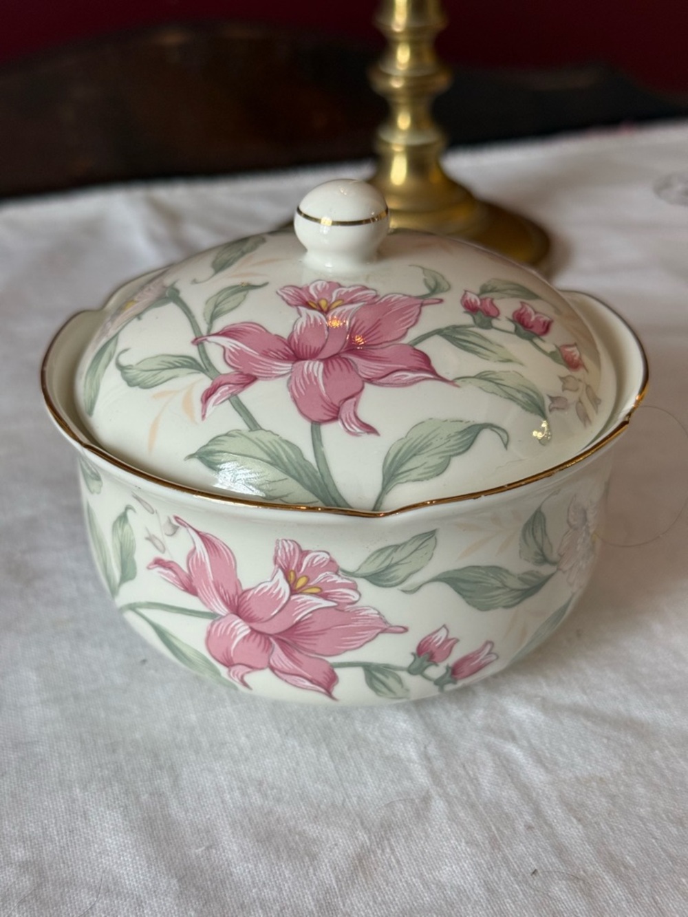 Vintage Otagiri Porcelain Covered Trinket Dish Pink Flowers Gold Trim Japan
